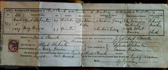 Marriage certificate, Alfred Alabaster to Mary Onions, 1887