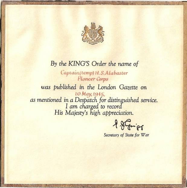 Captain (temp) Herbert S. Alabaster Mentioned in Despatches